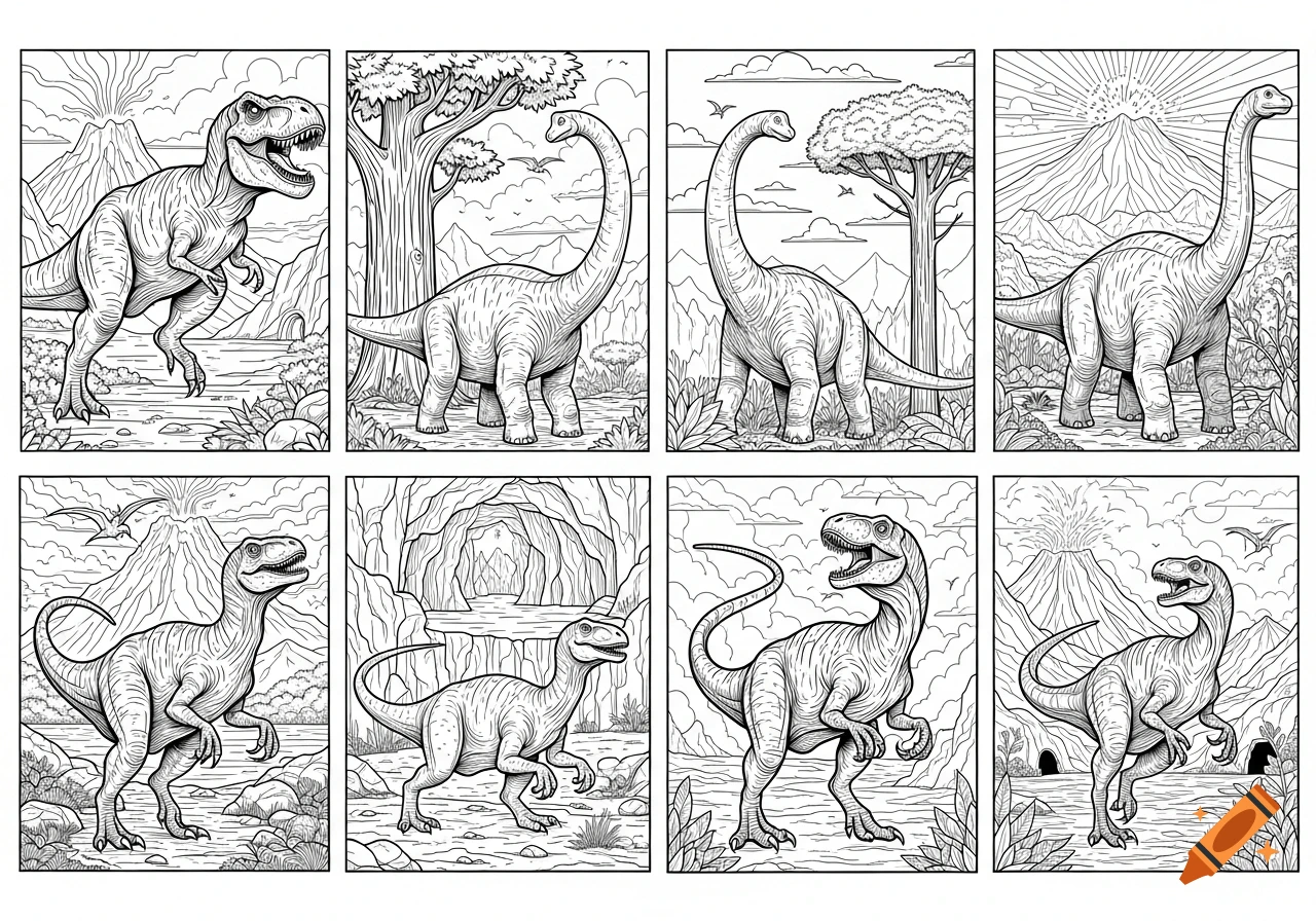 Eight black and white dinosaur coloring pages featuring various dinosaurs like T-Rex and Brontosaurus in prehistoric landscapes with volcanoes and trees.