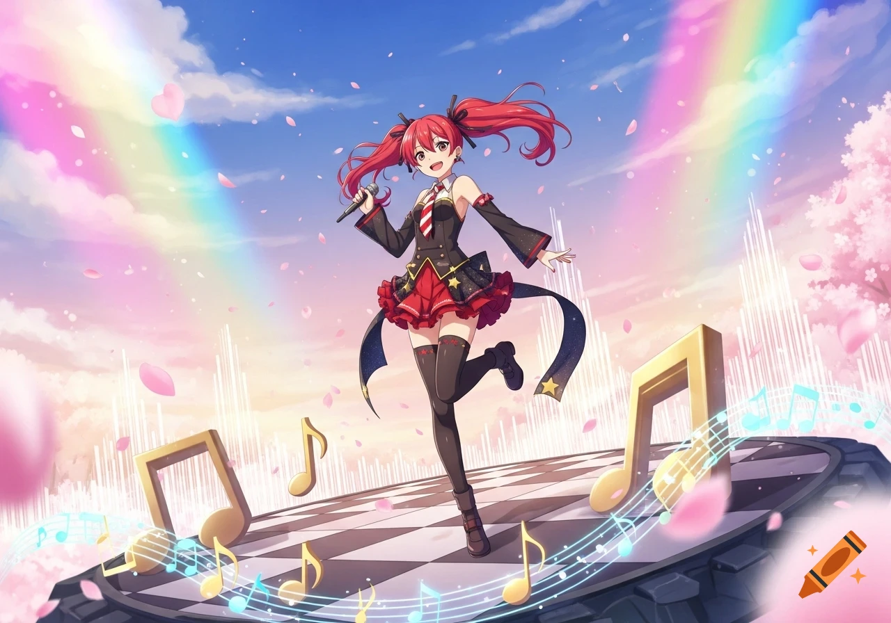 An anime girl with red pigtails and an idol outfit sings and dances on a checkerboard stage, surrounded by music notes and cherry blossoms under a rainbow sky.