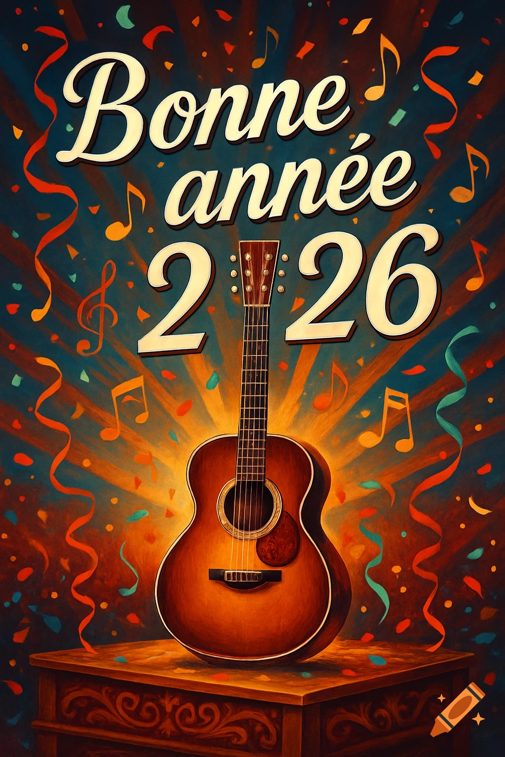 A festive illustration for New Year 2026 with an acoustic guitar, confetti, and musical notes on a dark background.