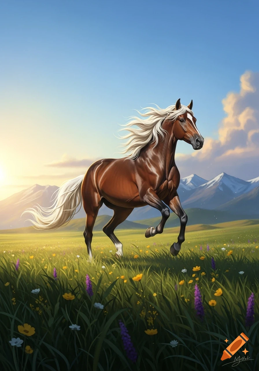 A majestic brown horse with a flowing white mane and tail gallops through a vibrant flower-filled meadow at sunset, with mountains in the background.