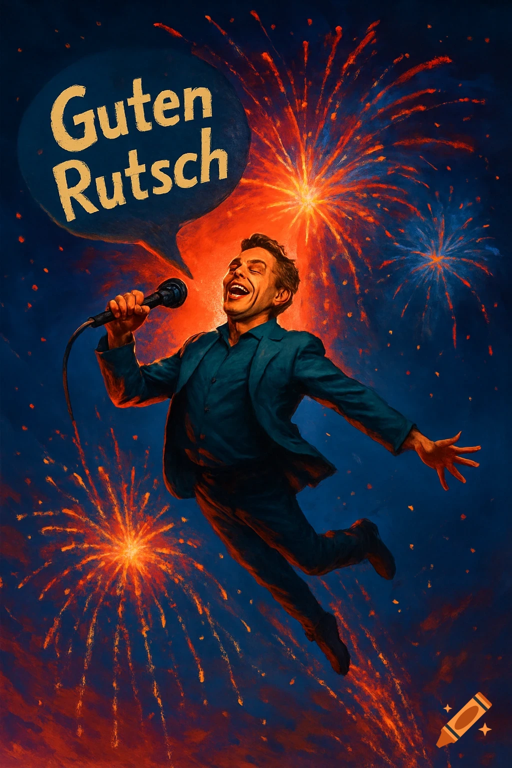 Stylized illustration of a joyful man in a suit singing 'Guten Rutsch' into a microphone, surrounded by red and orange fireworks.