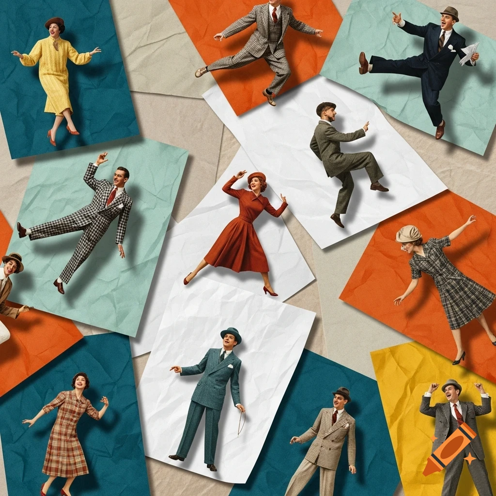 Vibrant collage of vintage-dressed men and women in dance poses on colorful, crumpled paper cutouts.