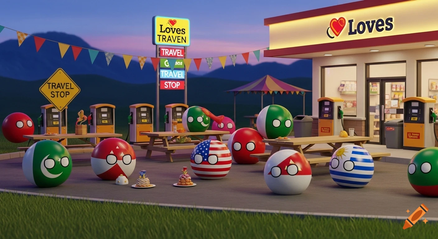 Cartoon countryballs with flags of Pakistan, USA, and Uruguay at a Loves Travel Stops gas station party at dusk.