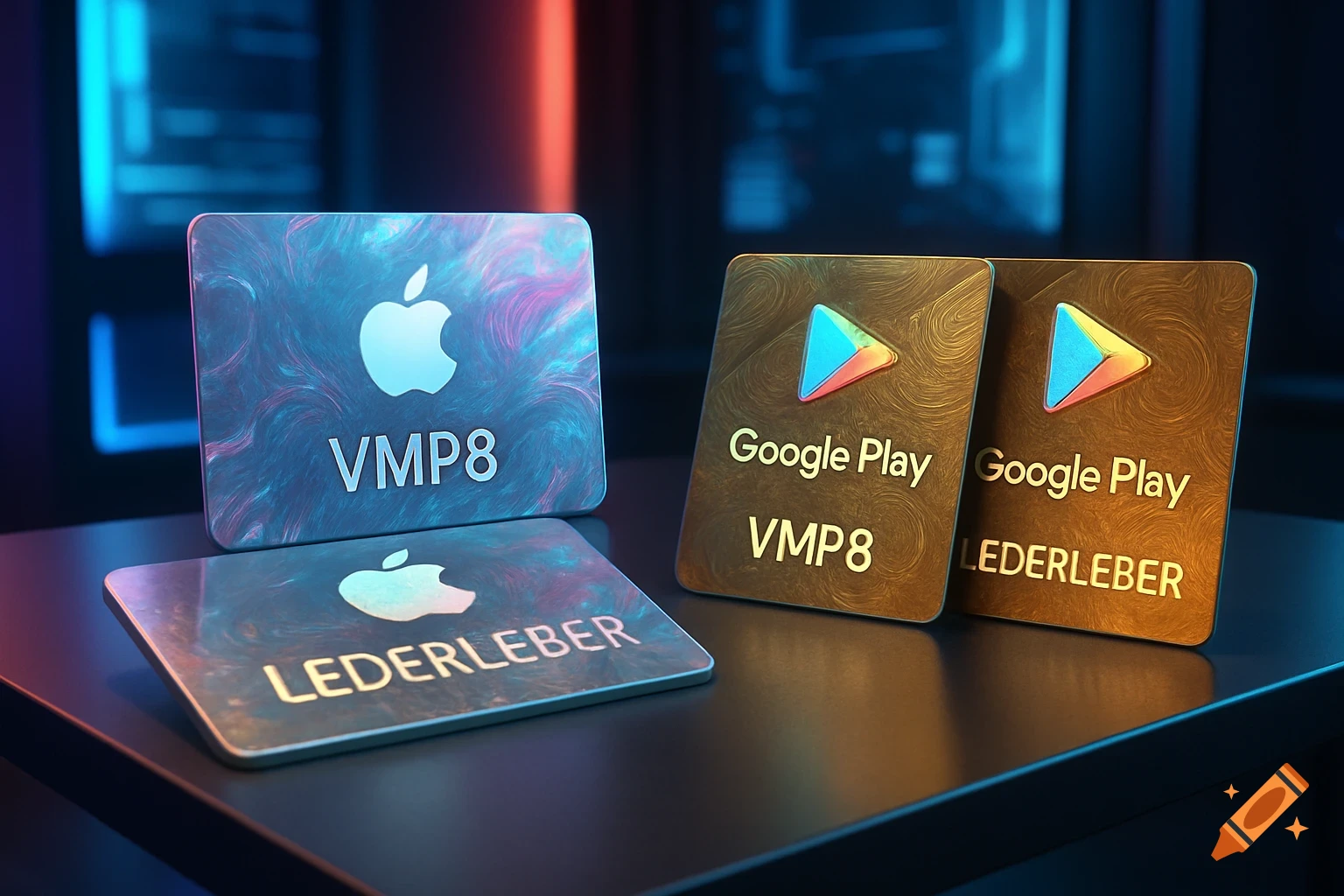 Digital cards with Apple and Google Play logos, inscribed with 'VMP8' and 'Lederleber', displayed on a reflective surface.