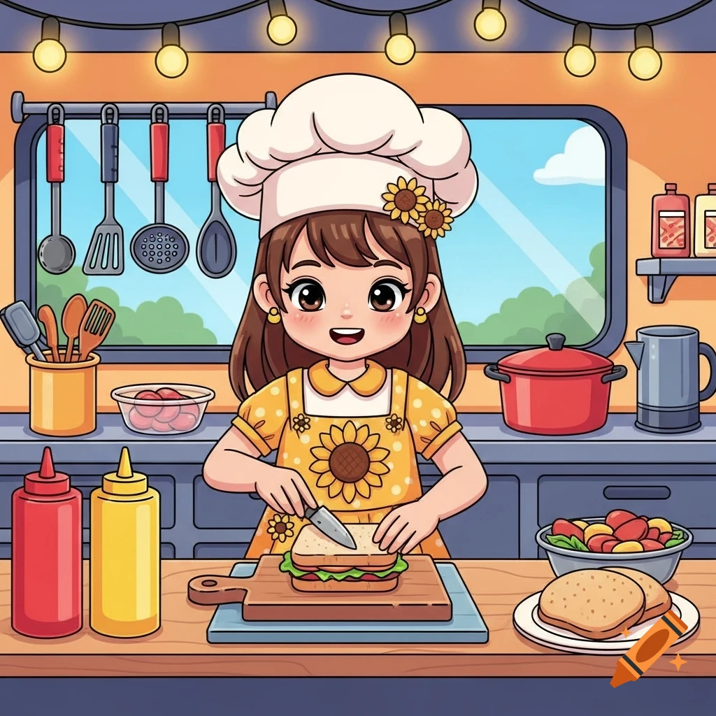 A cute cartoon girl chef with a sunflower apron prepares a sandwich in a brightly lit food truck kitchen.