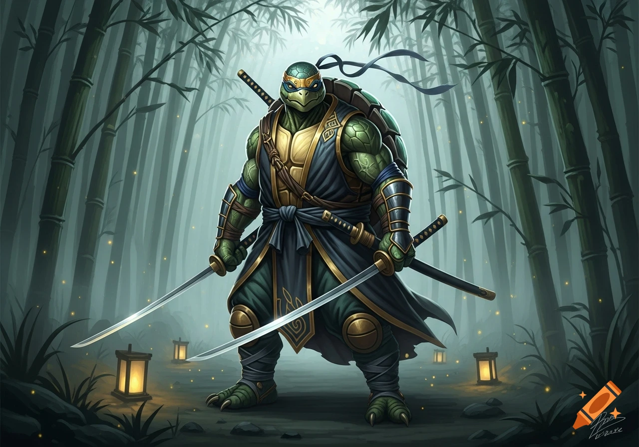 A muscular anthropomorphic ninja turtle warrior in samurai armor with katanas stands in a misty bamboo forest with lanterns.