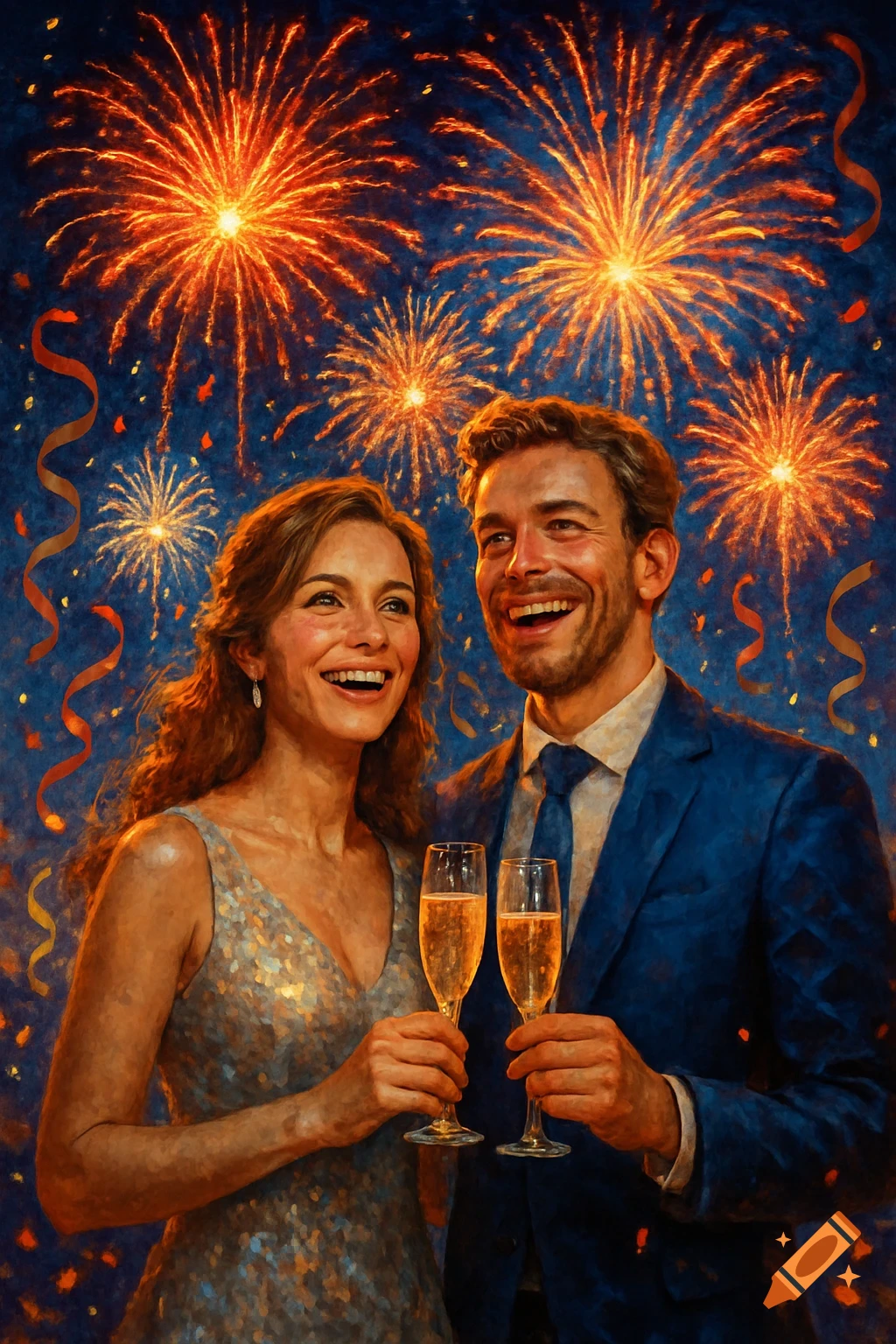 A smiling man and woman toast with champagne glasses against a dark sky filled with vibrant fireworks and falling confetti, in a painterly style.