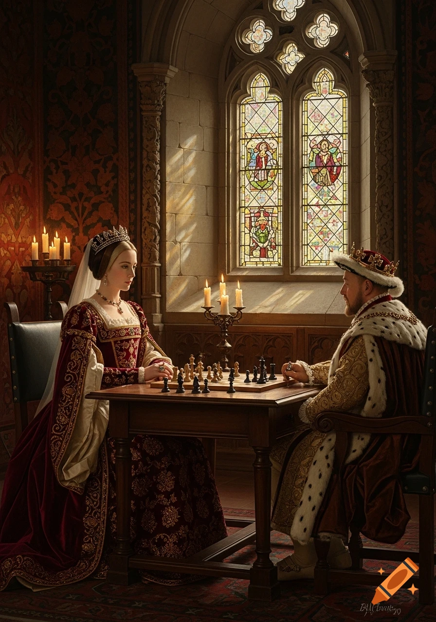 A queen and king in elaborate historical attire play chess in a grand, candlelit room with stained glass windows; photorealistic oil painting.