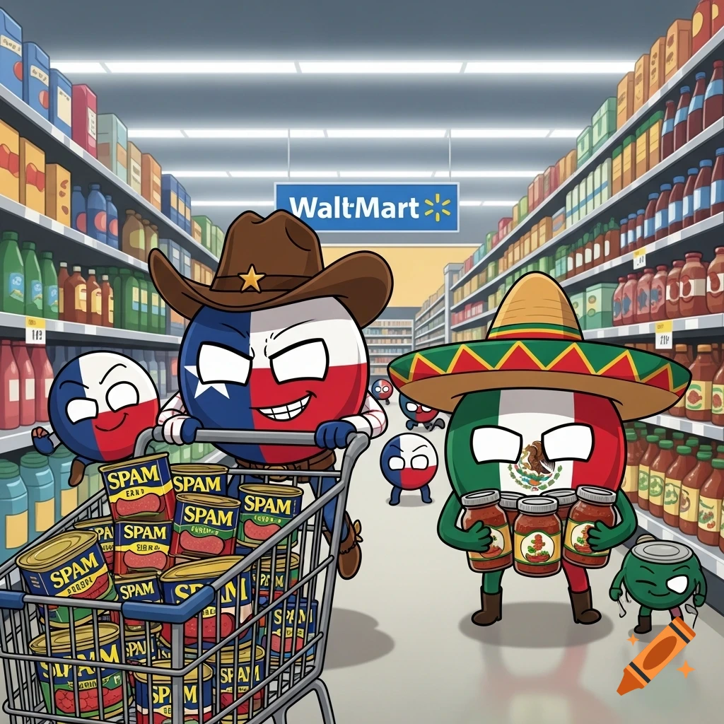 Cartoon countryball characters for Texas and Mexico shop at a supermarket. Texas pushes a cart full of spam, while Mexico holds jars of salsa. Other countryballs are in the background.
