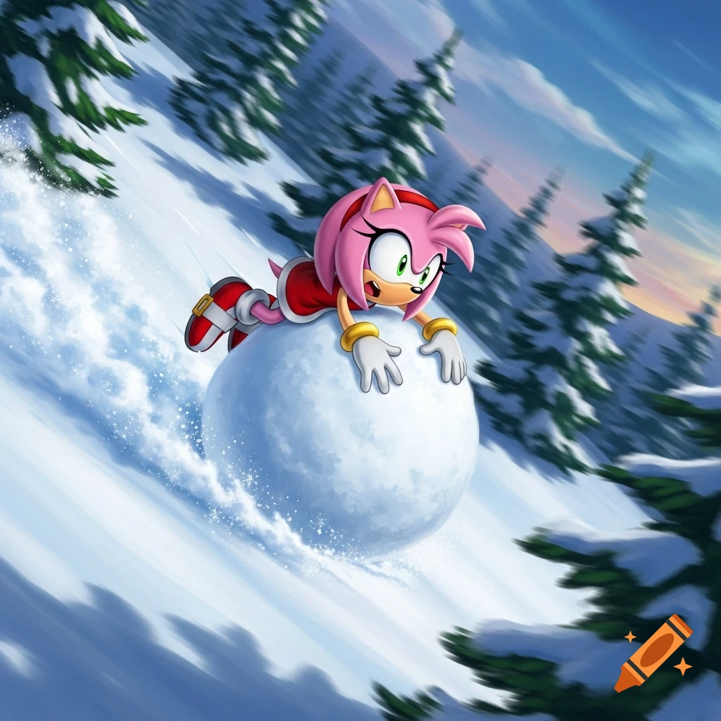 Amy Rose, a pink cartoon hedgehog, rides a large snowball down a snowy mountain amidst pine trees at sunset in an anime style.