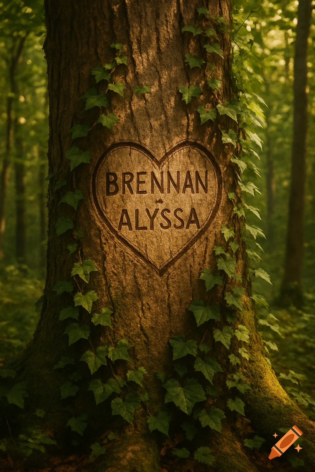Photorealistic image of 'BRENNAN ALYSSA' carved in a heart on a tree trunk in a lush green forest, covered in ivy.