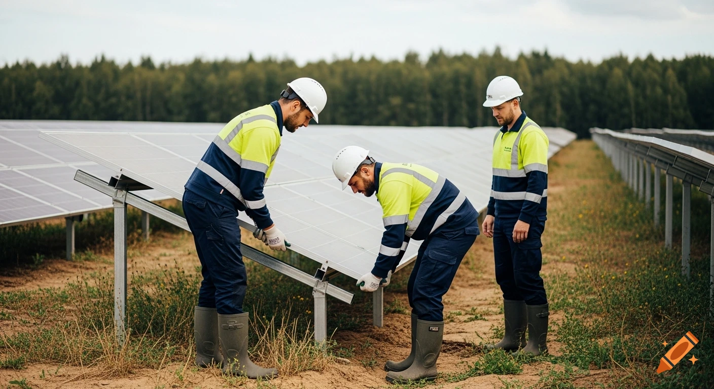 Three technicians in safety gear install solar panels at a large solar farm under a cloudy sky.