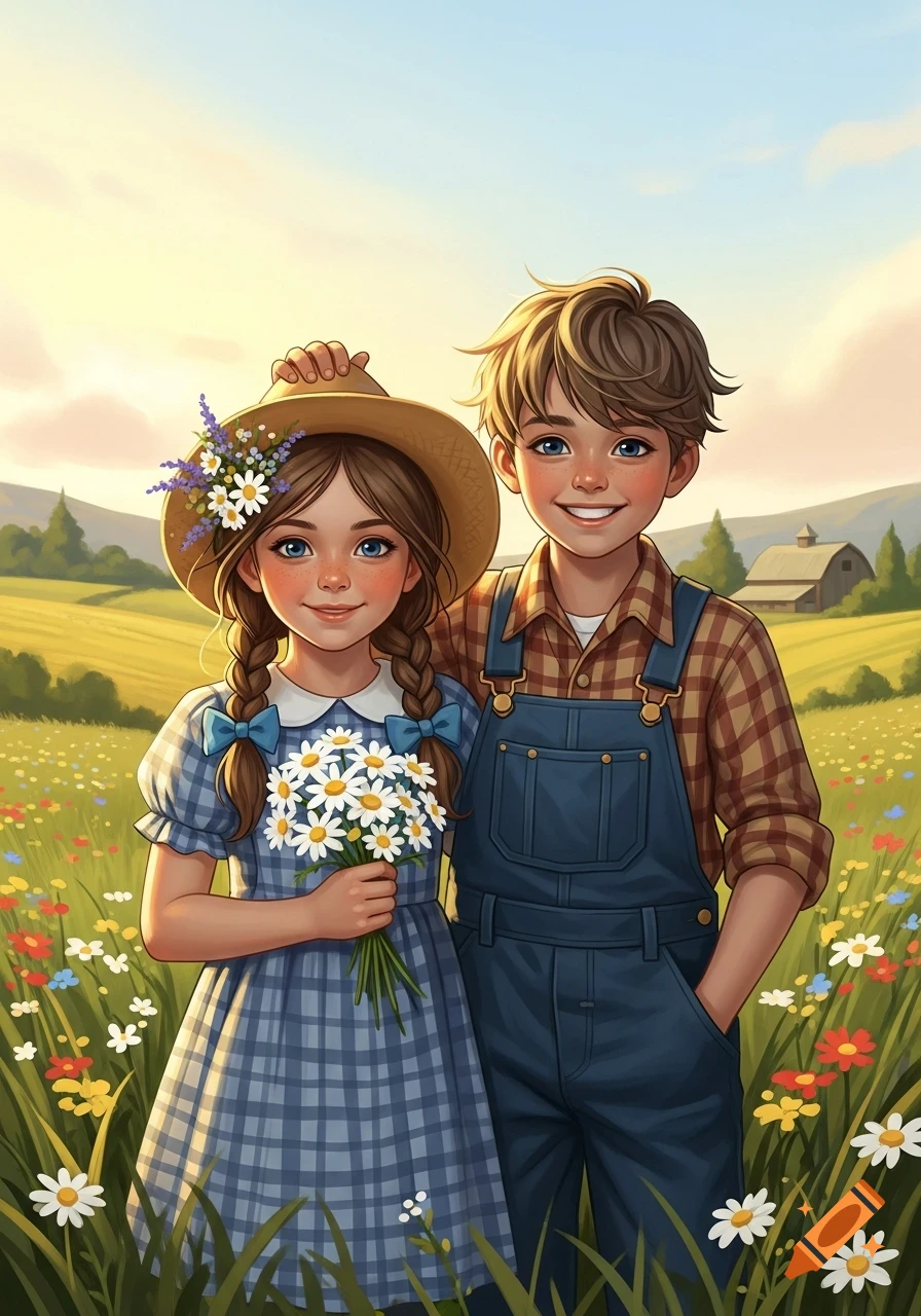 Smiling country girl and boy in a sunny wildflower meadow with a barn, in an illustration style.