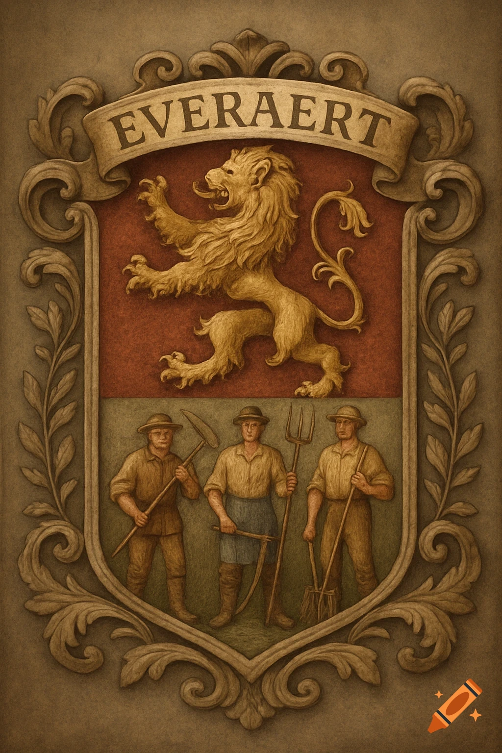 Ornate family crest with a rampant golden lion and three farmers holding tools, with 'EVERAERT' on a banner, in an old Flemish art style.