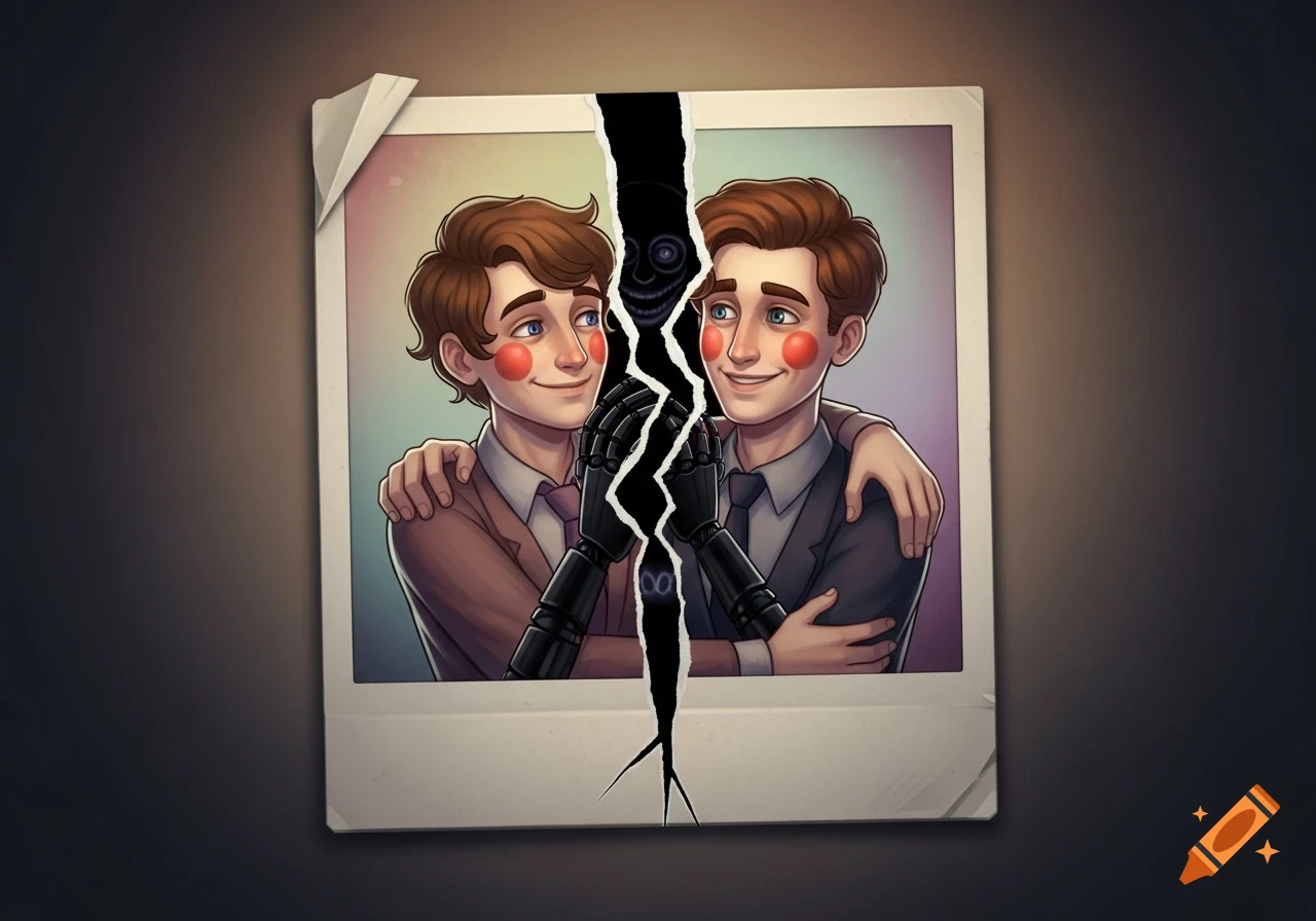 A torn polaroid photo shows two smiling cartoon men, with a creepy face and robotic hands revealed in the jagged tear.