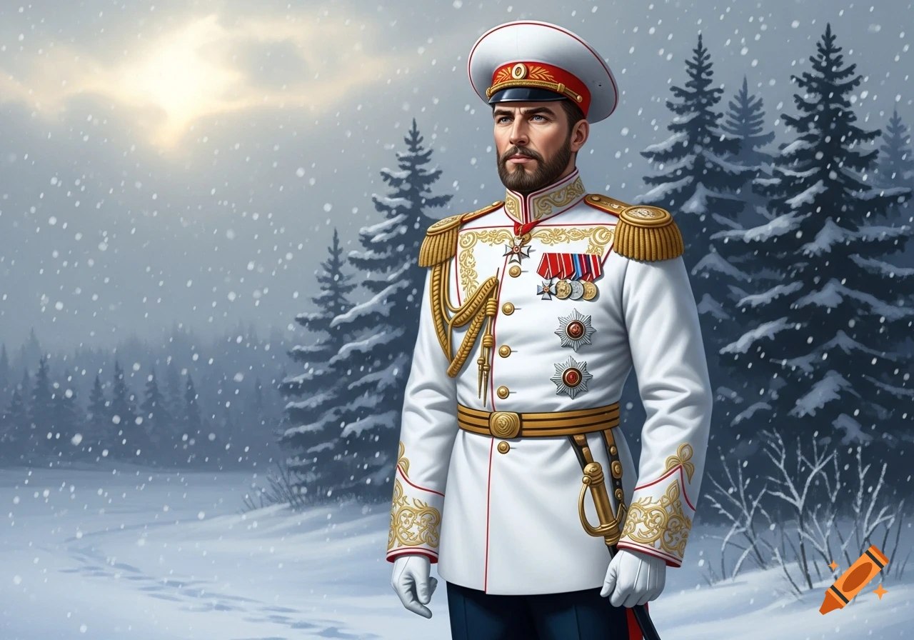 A bearded man in a white, gold-braided military uniform with medals ...