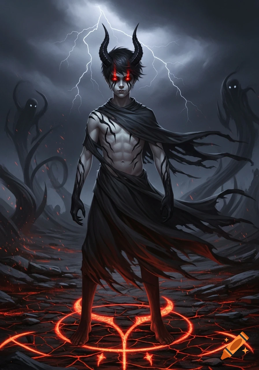 A demon-like boy with horns, glowing red eyes, and dark markings stands on glowing red occult symbols in a stormy, dark fantasy landscape with shadowy figures.