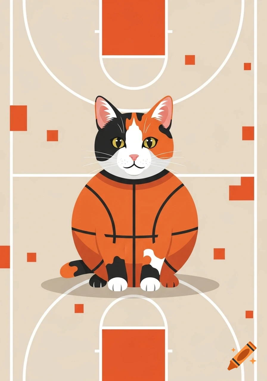 A calico cat with an orange basketball body sits on a court with white lines and orange squares in a flat illustration style.