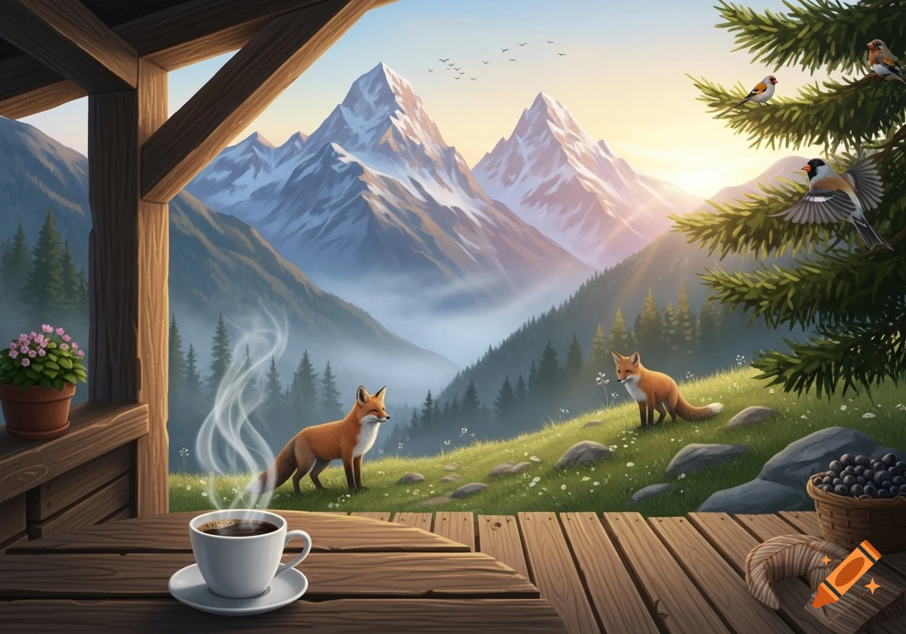 Digital painting of a mountain sunrise viewed from a wooden terrace with steaming coffee, two foxes, and birds.