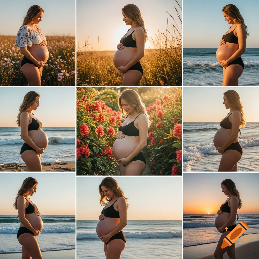 Photorealistic nine-panel collage of a pregnant woman in a bikini, posing in natural settings like fields and beaches at sunset.