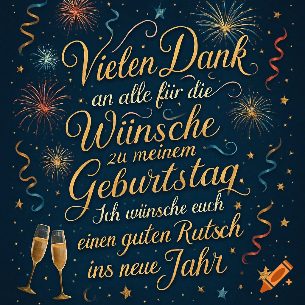 A dark blue greeting card with gold calligraphy text, fireworks, stars, and two champagne glasses.