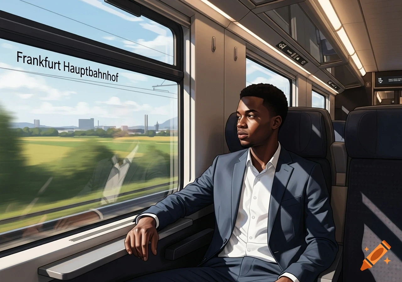 Illustrated young Black man in a suit gazing out a train window at a moving landscape, 'Frankfurt Hauptbahnhof' on the glass.