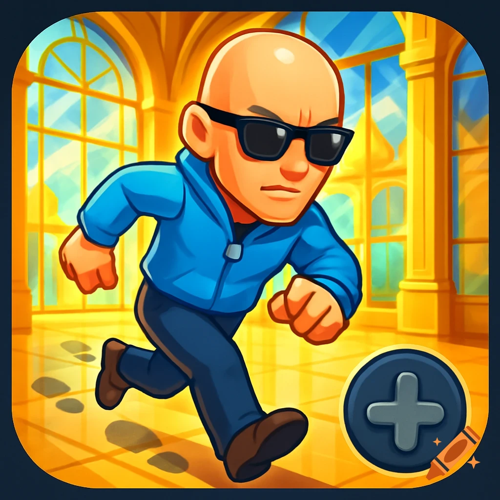 Cartoon game icon of a bald man in sunglasses and a blue hoodie running through a golden palace, leaving footprints. A plus icon is in the corner.
