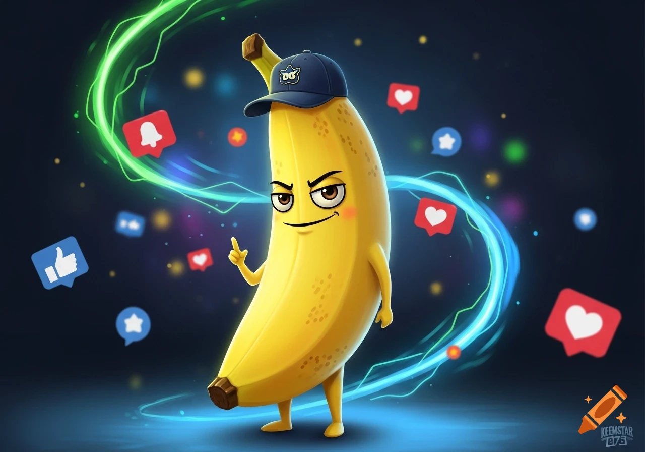 A cool cartoon banana character wearing a blue baseball cap, making a 'shush' gesture, surrounded by glowing social media icons and energy lines.