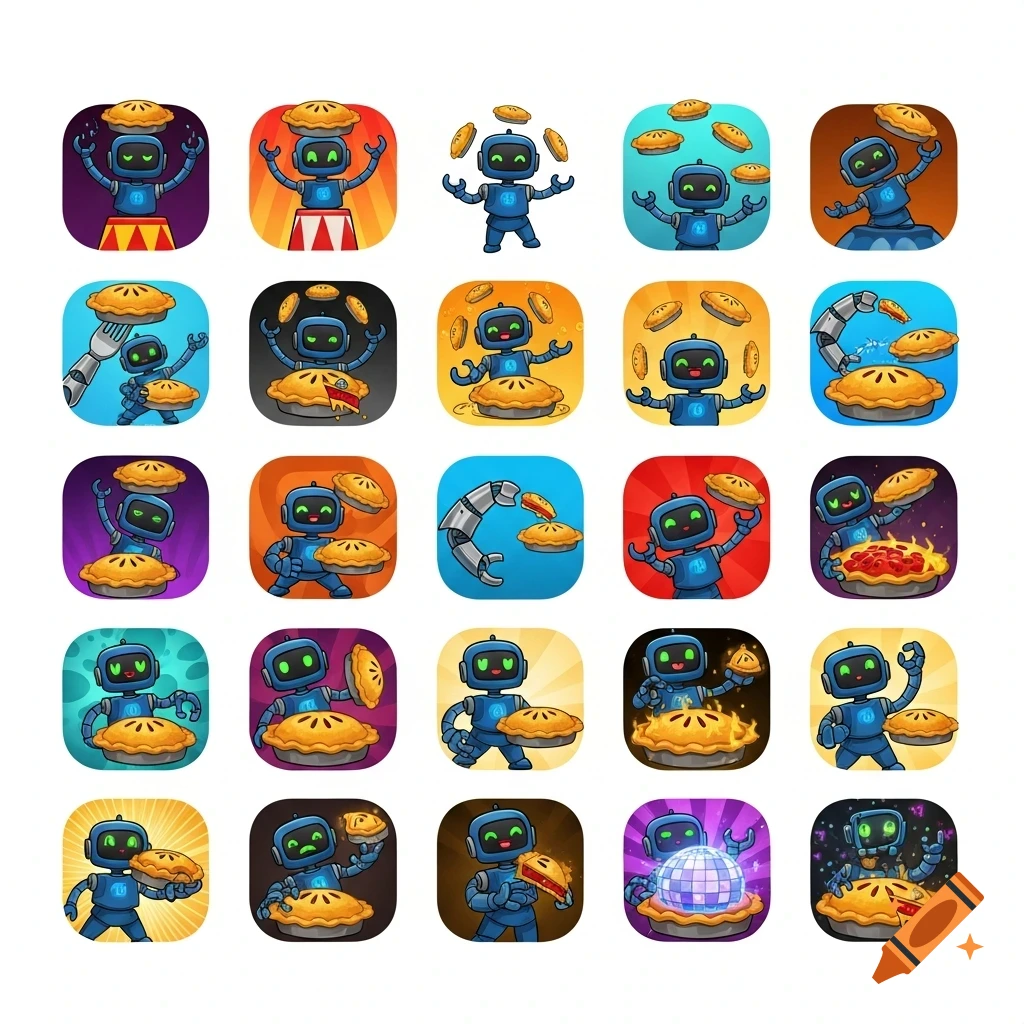 A grid of 20 cartoon app icons featuring blue robots interacting with pies in various humorous ways.