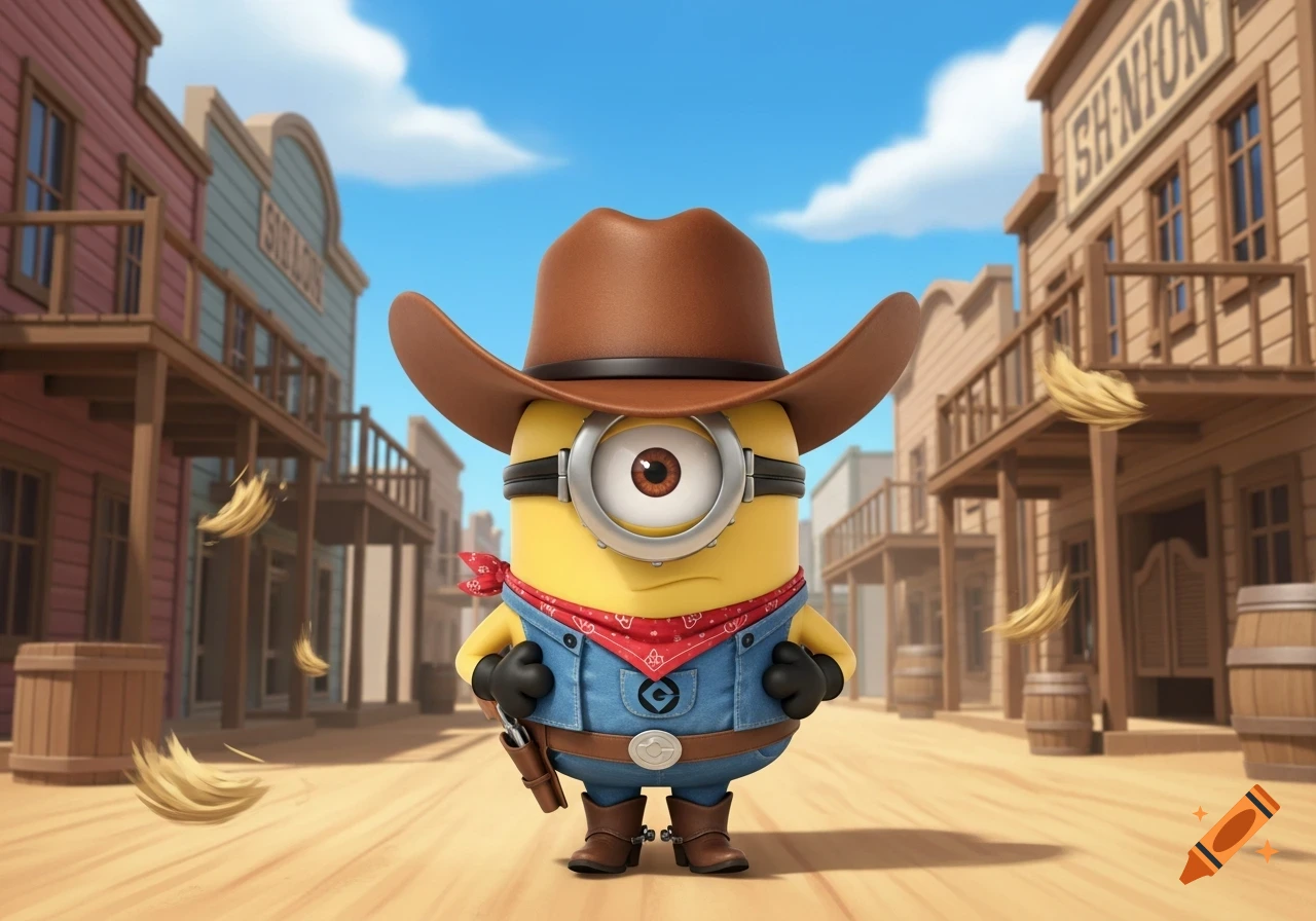 A cartoon Minion dressed as a cowboy, with a brown hat, red bandana, and denim overalls, stands in a western town with bananas flying around.
