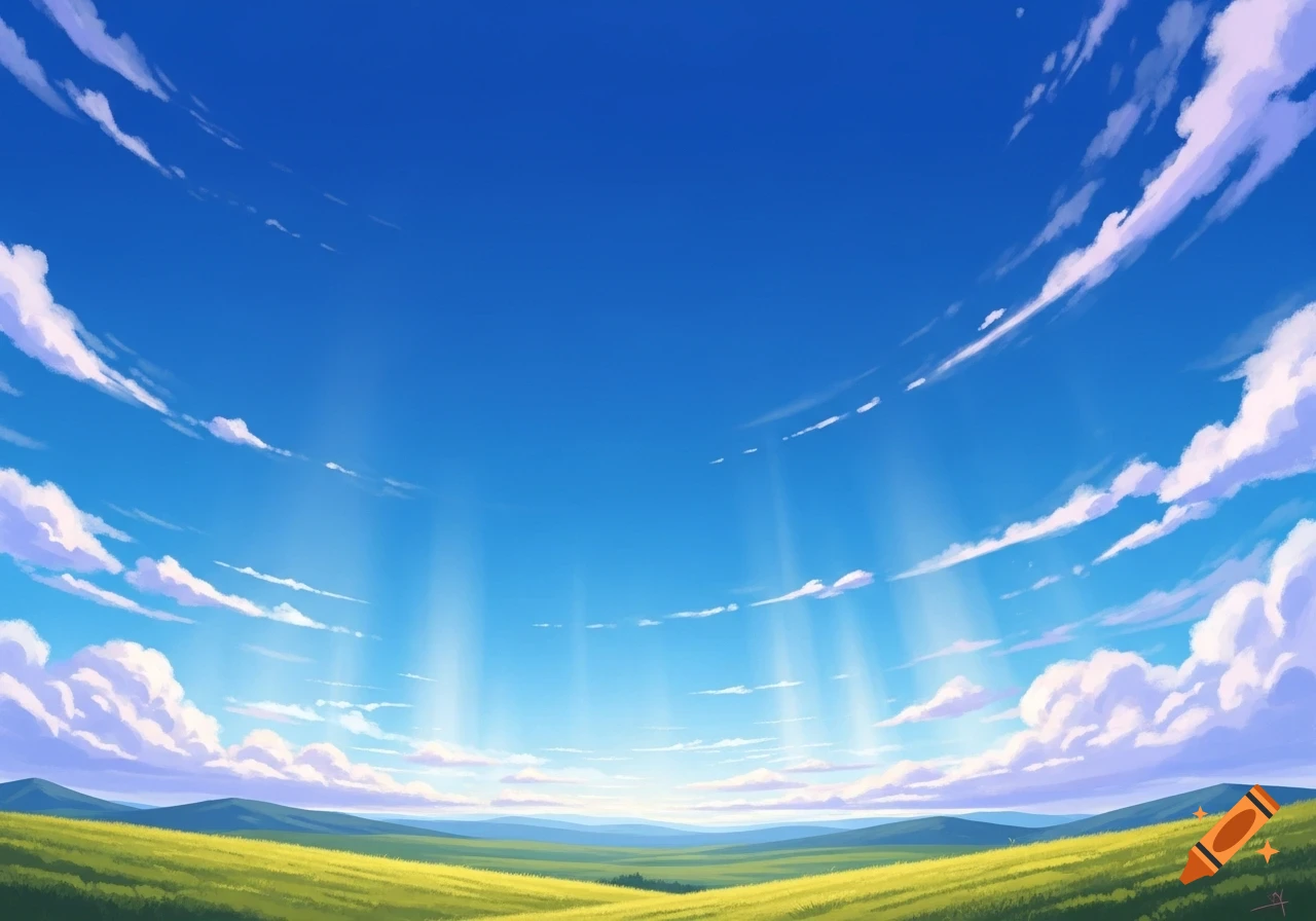 Vibrant anime-style landscape with a bright blue sky, fluffy white clouds, sun rays, and rolling green hills.