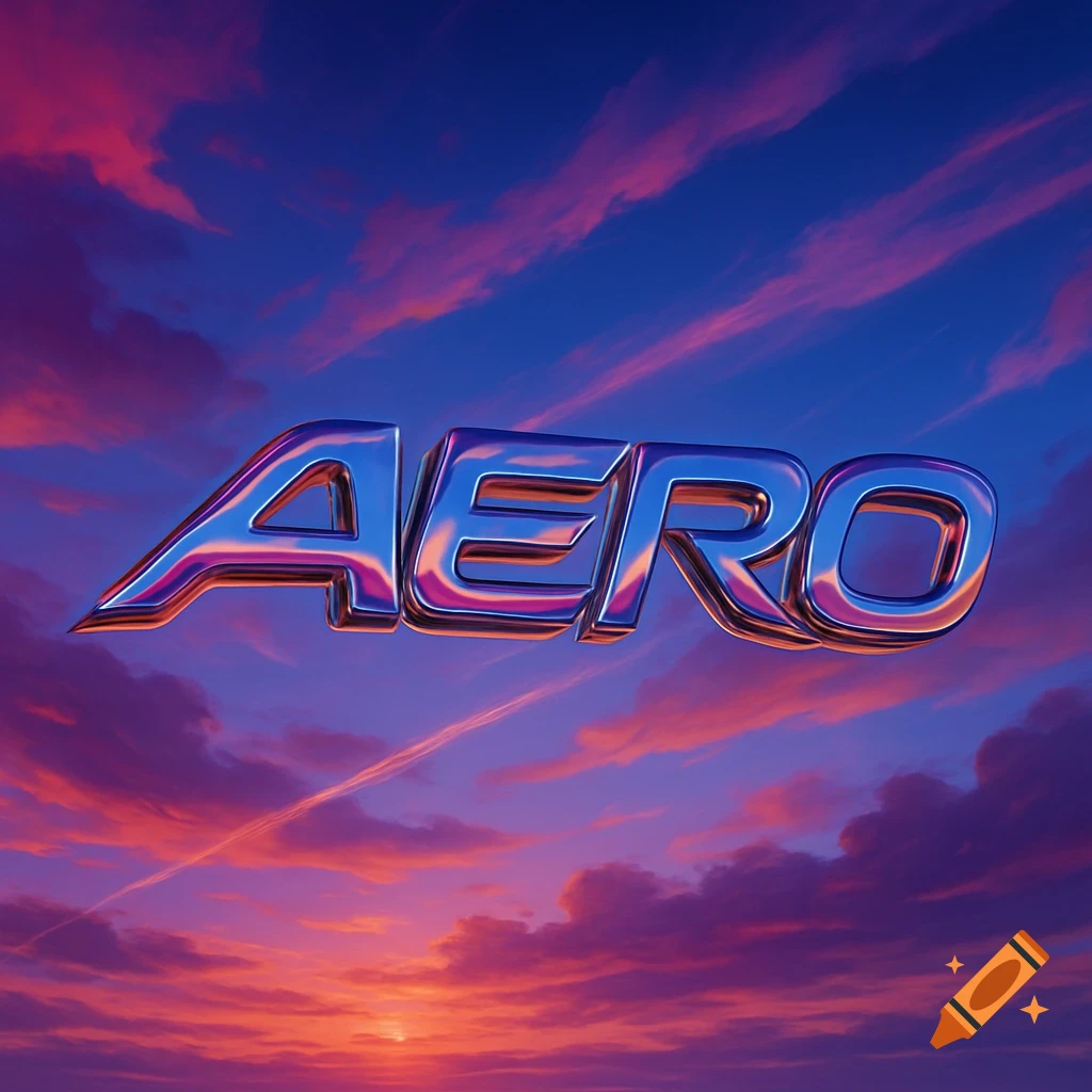 Shiny chrome letters spell AERO against a dramatic sunset sky with blue, purple, and orange clouds.