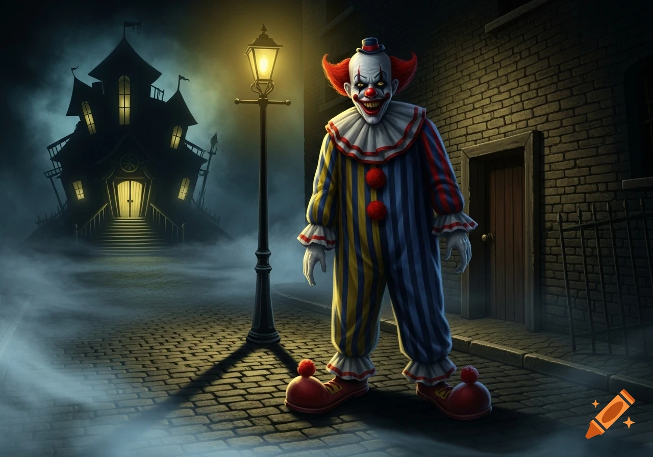 A creepy clown with a wide grin and red hair stands under a lamppost on a foggy cobblestone street, with a spooky haunted house in the background at night.