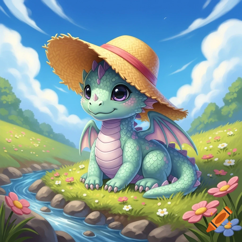 A cute green and pink cartoon dragon wearing a straw hat sits by a flowing stream in a vibrant, flowery meadow.