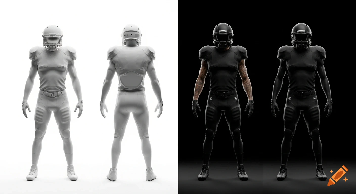 Four detailed American football players, two in white uniforms on white, two in black on black, showing front and rear views.
