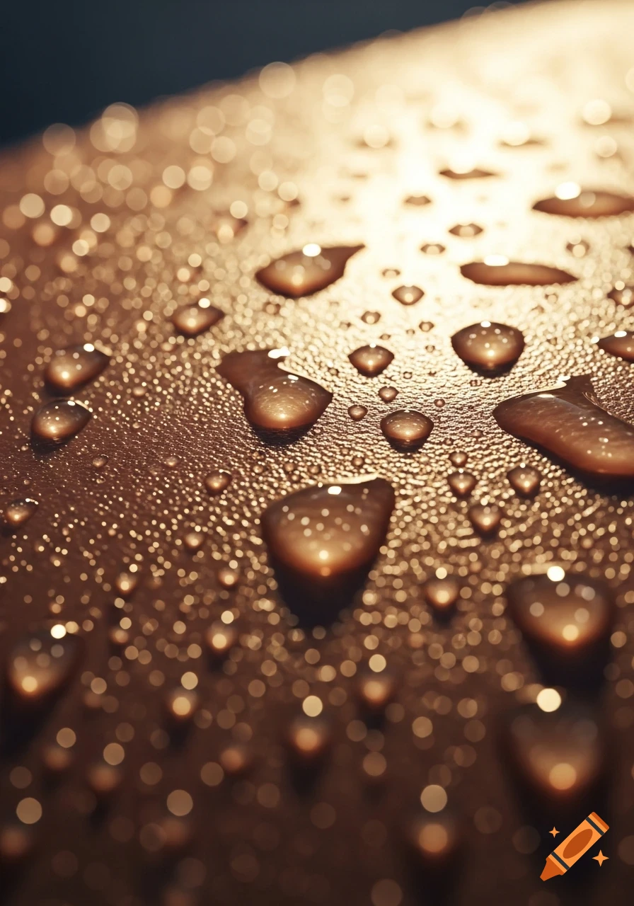 Macro shot of luminous water droplets on a textured brown surface with bokeh lights.