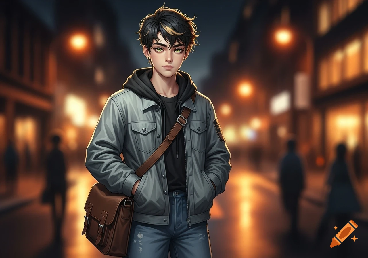 An anime-style young man with dark hair and green eyes, wearing a grey ...