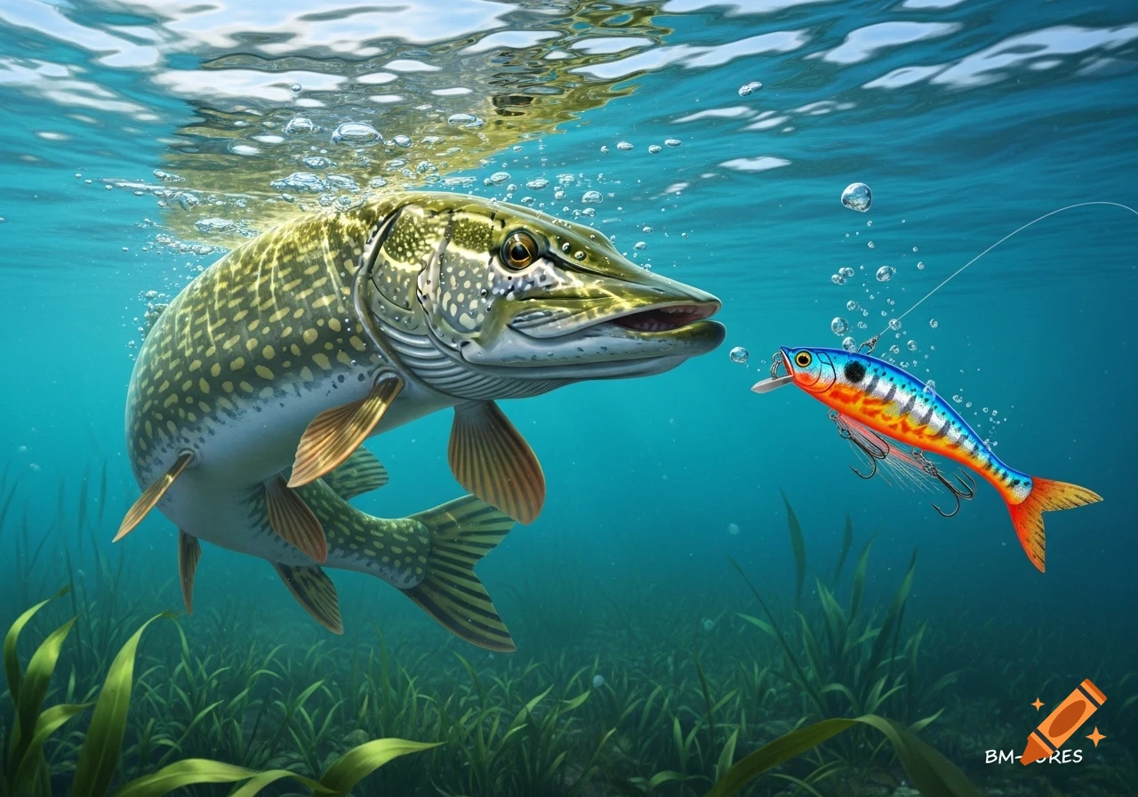 A large green and white pike underwater, looking intently at a colorful fishing lure with hooks. Lush green grass covers the seabed below.