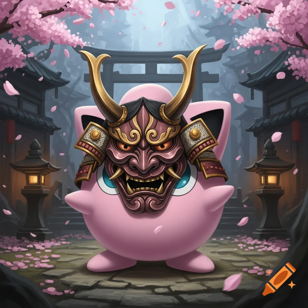Jigglypuff wearing a samurai oni mask stands in a Japanese garden with cherry blossoms.