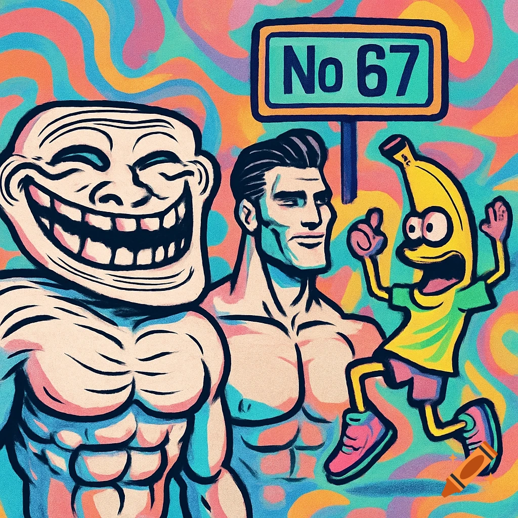 A vibrant pop art illustration featuring a grinning Troll Face, a muscular Gigachad, a dancing banana cartoon, and a 'No 67' sign.