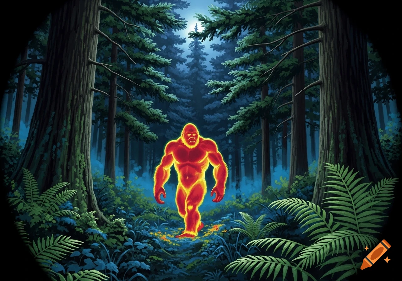 A glowing, red-orange Bigfoot-like creature walks through a dark, dense forest under a blue moonlit sky, in an illustration style.
