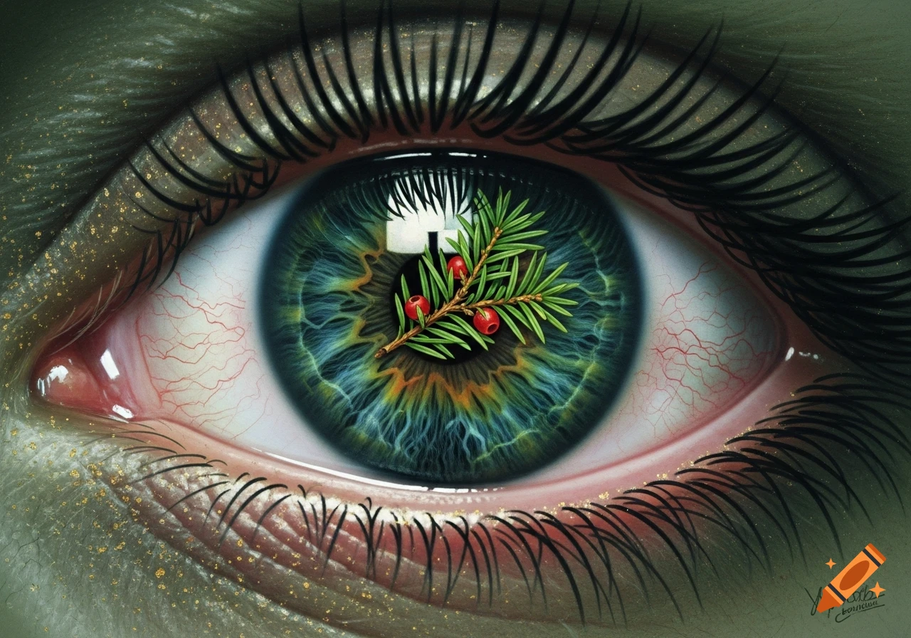 A highly detailed close-up of a human eye with an intricate green and blue iris, its pupil replaced by a green branch with red berries. Golden glitter dusts the skin around the eye.