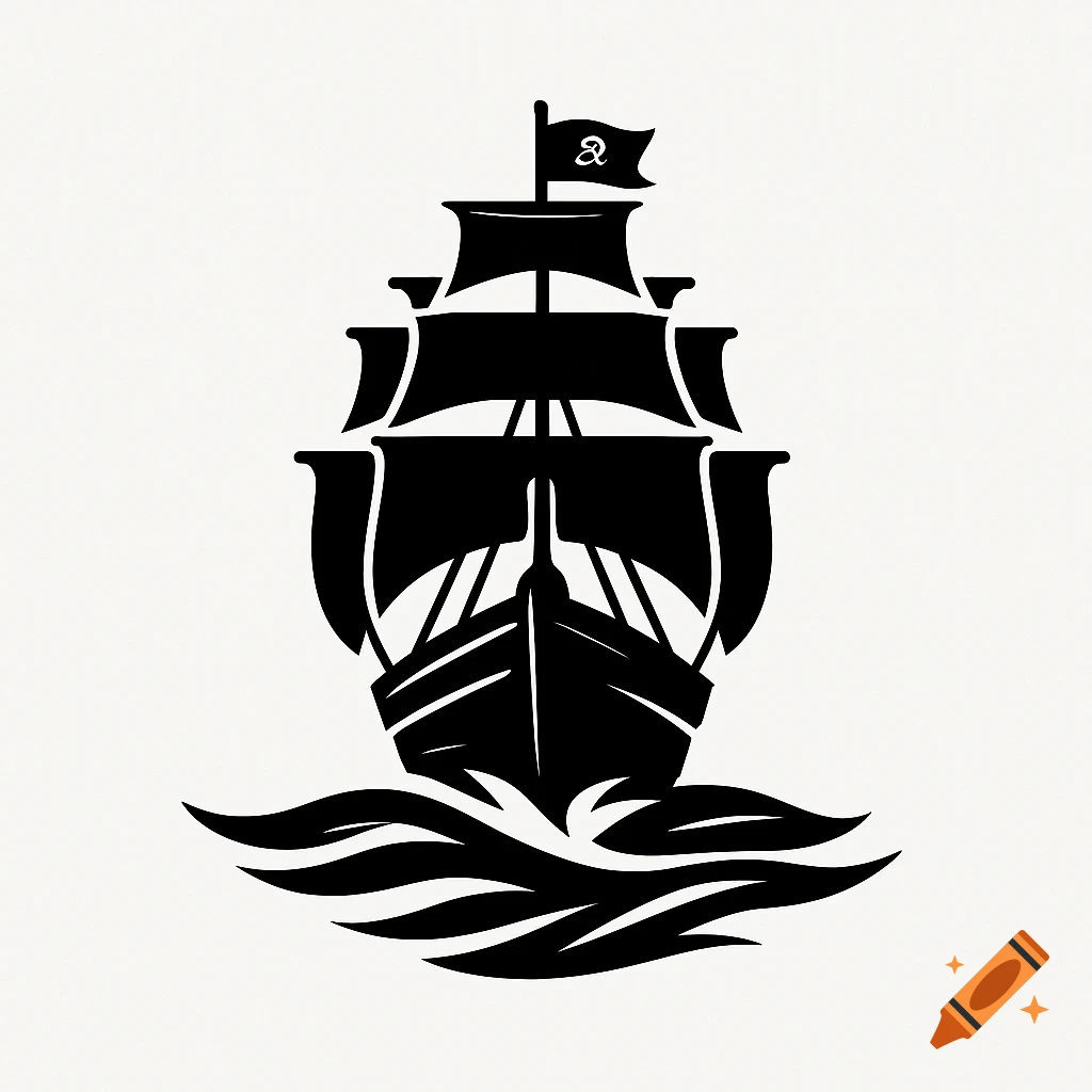 A black and white logo featuring a pirate galleon ship on stylized waves, with a unique symbol on its flag.