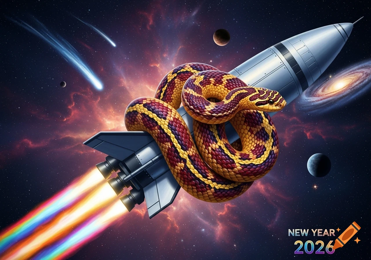 A colorful snake wrapped around a space rocket flying through a vibrant galaxy with planets and comets, leaving a rainbow trail. Text "NEW YEAR 2026" is at the bottom right.