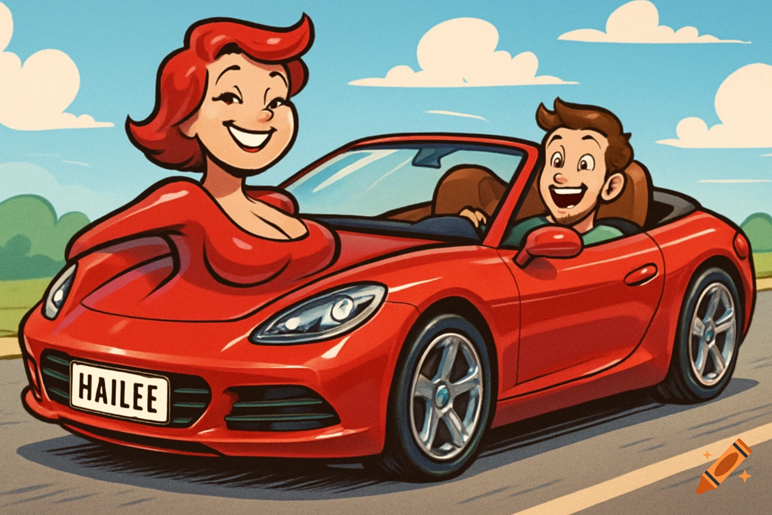 A whimsical comic depicting a smiling man driving a red convertible car whose front is a shapeshifted woman with a 'HAILEE' license plate.