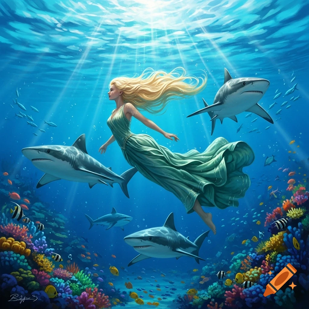 A blonde woman in a green dress floats underwater with sharks and colorful coral reefs, bathed in sunlight. Fantasy illustration.