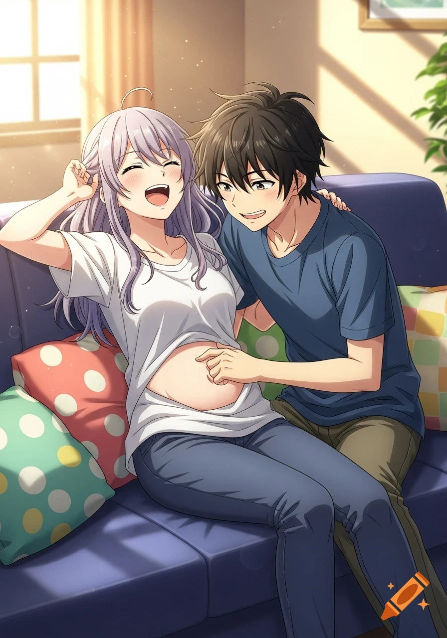 Anime style image of a laughing pregnant woman on a couch, tickled by a smiling man. They are in a sunny living room.