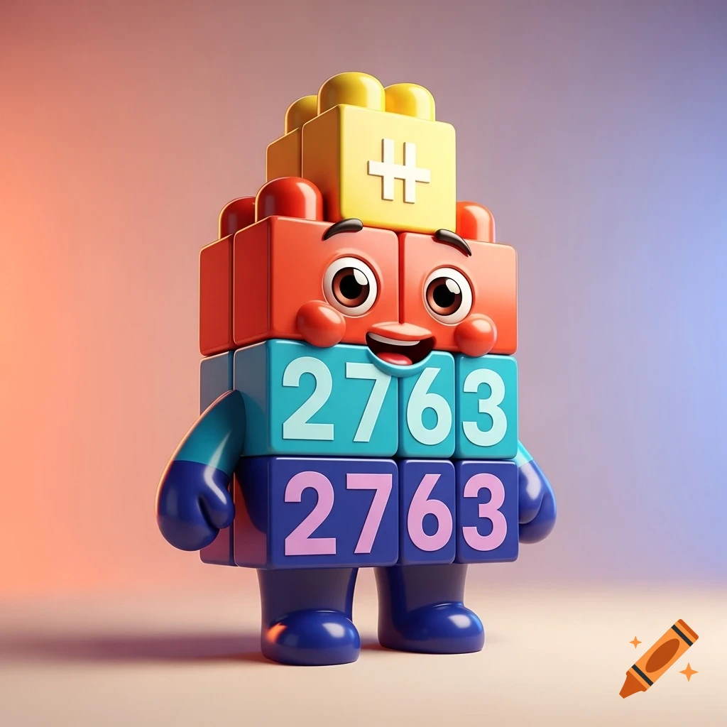 A cheerful Numberblock 2763 character made of colorful building blocks, standing against a gradient background.