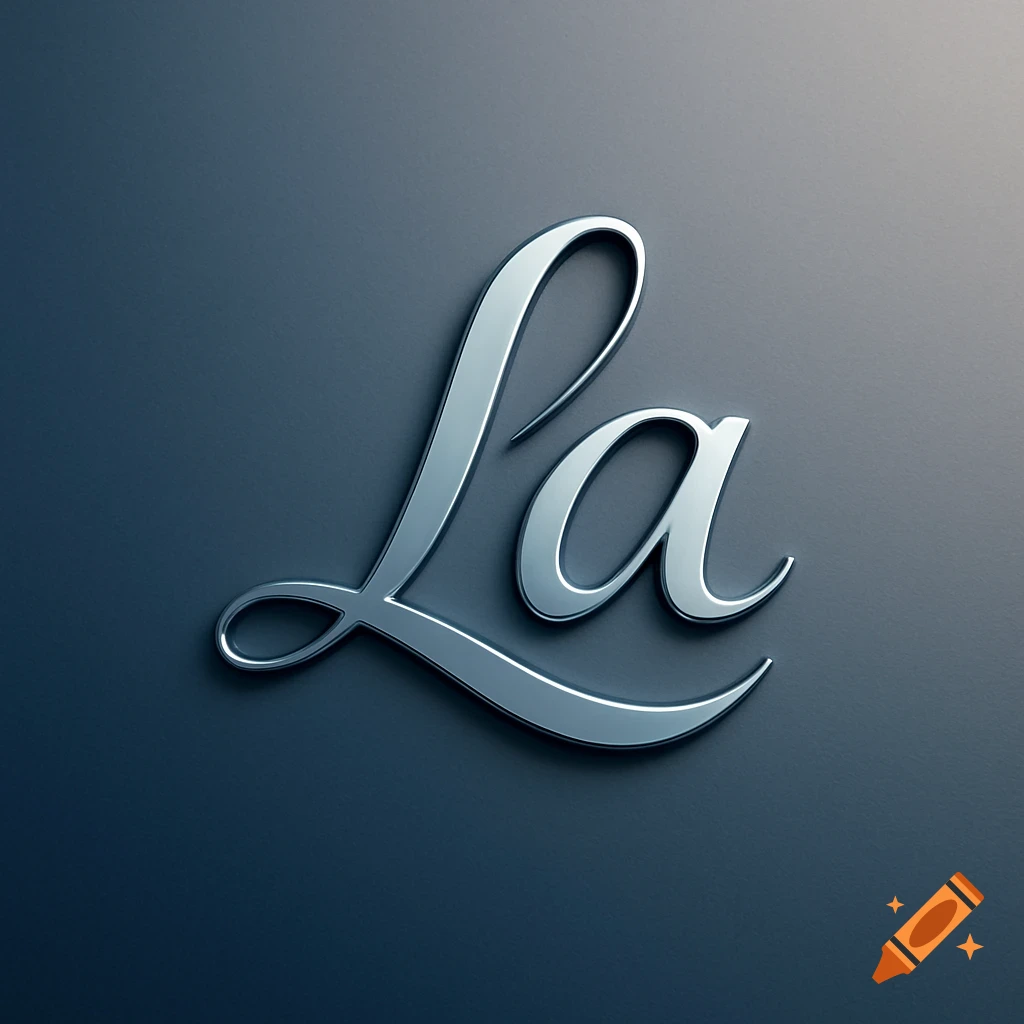 A shiny, chrome-plated, cursive 'La' logo with a drop shadow on a dark gray background.