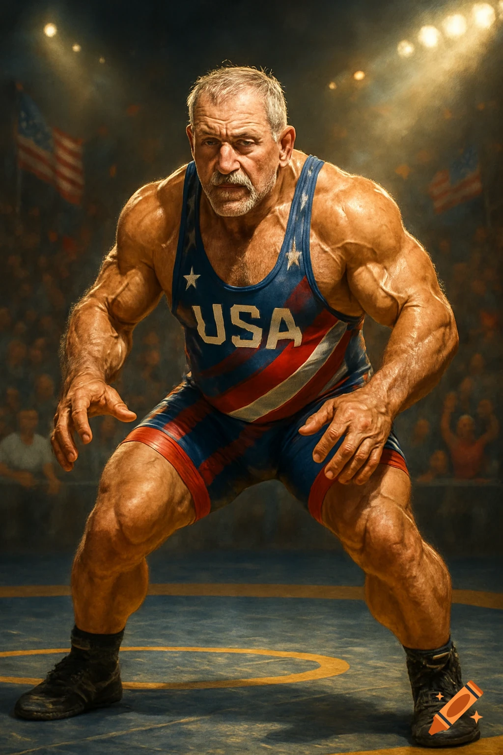 A photorealistic image of a muscular, grizzled male wrestler in a USA singlet on a mat, ready to compete, under arena lights.